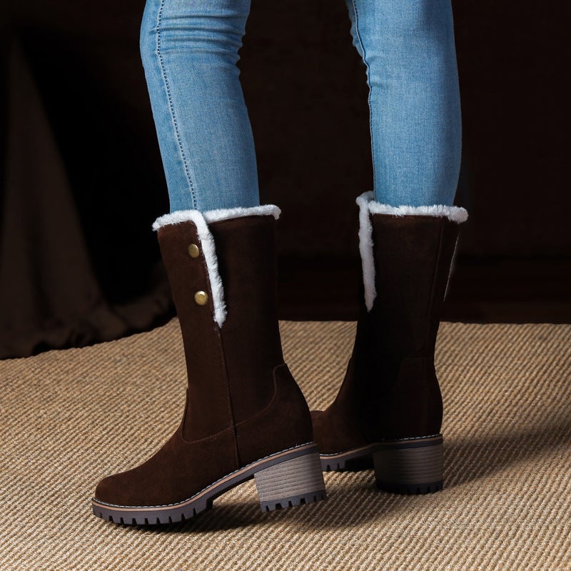 2024 Fashion High Heel Thick Bottom 32-46 Size Size Warm Suede Medium Boots For Women - Image 4