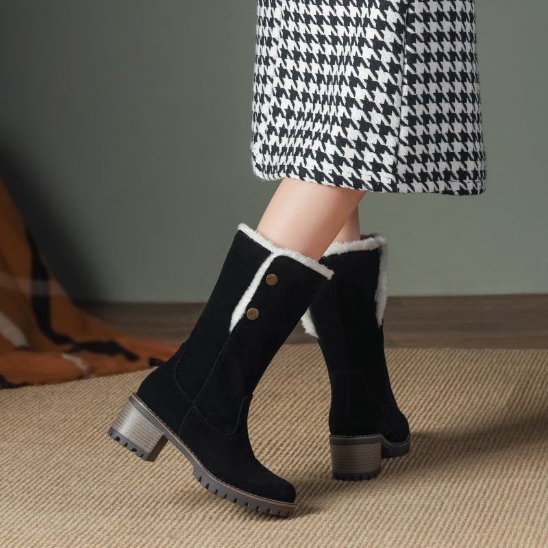 2024 Fashion High Heel Thick Bottom 32-46 Size Size Warm Suede Medium Boots For Women - Image 5