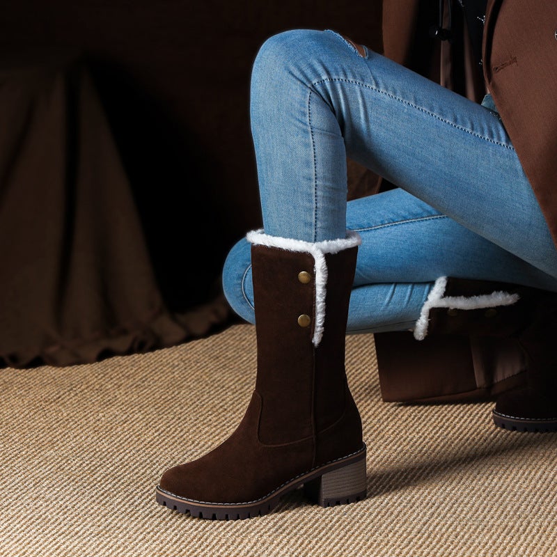 2024 Fashion High Heel Thick Bottom 32-46 Size Size Warm Suede Medium Boots For Women - Image 3