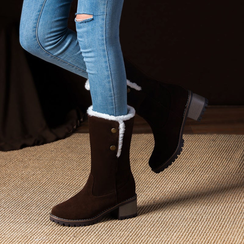 2024 Fashion High Heel Thick Bottom 32-46 Size Size Warm Suede Medium Boots For Women - Image 2