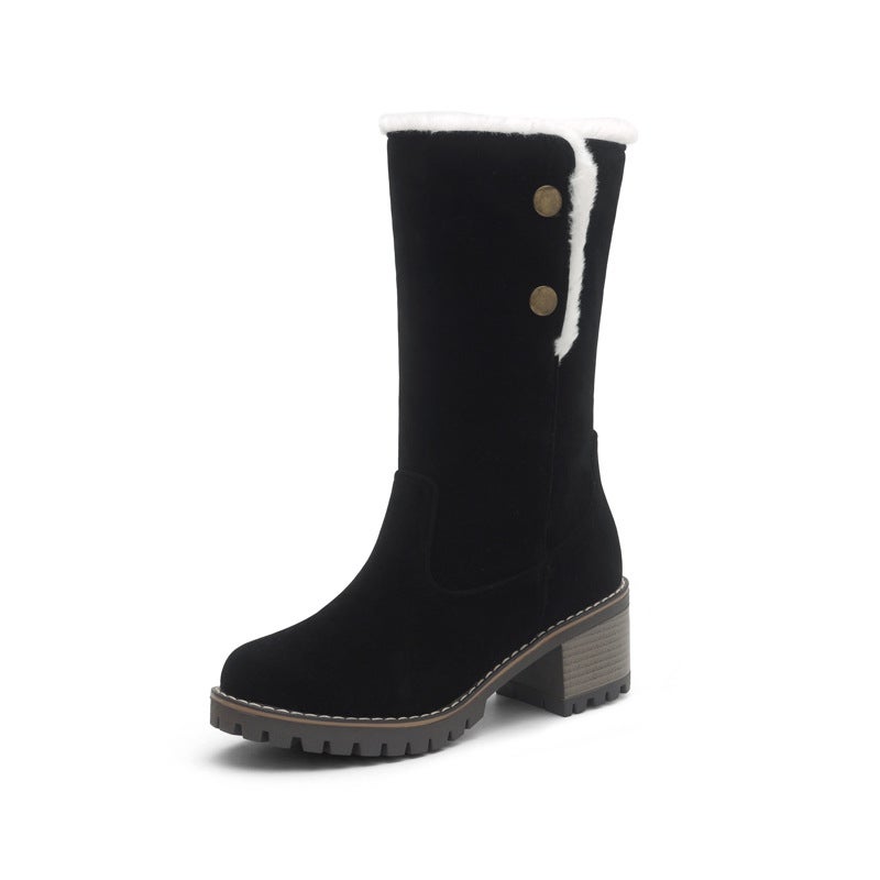 2024 Fashion High Heel Thick Bottom 32-46 Size Size Warm Suede Medium Boots For Women - Image 1