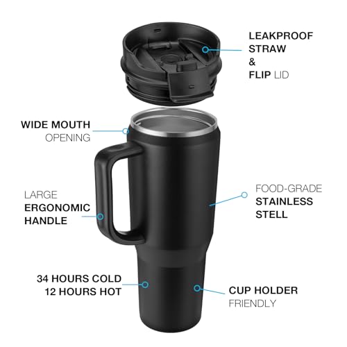 EALGRO 40 oz Tumbler with Handle, Insulated Tumblers with Lid and Straw, Large Metal Sports Water Bottle Jug, Thermal Stainless Steel Travel Coffee Mug Cup, Orange Red - Image 3
