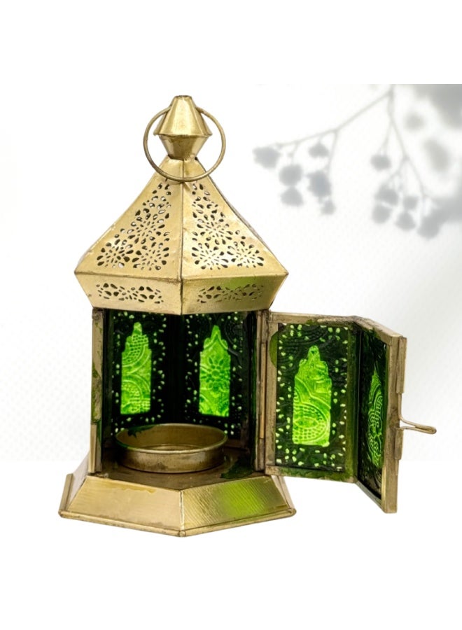 سوق ديزاينز فانوس صغير أخضر من سوق ديزاينز - فوانيس شموع رمضانية وديكور منزلي، تصميم معدني ذهبي مغربي، فانوس لتزيين طاولة رمضان لأي مناسبة، قطعتان - Image 2