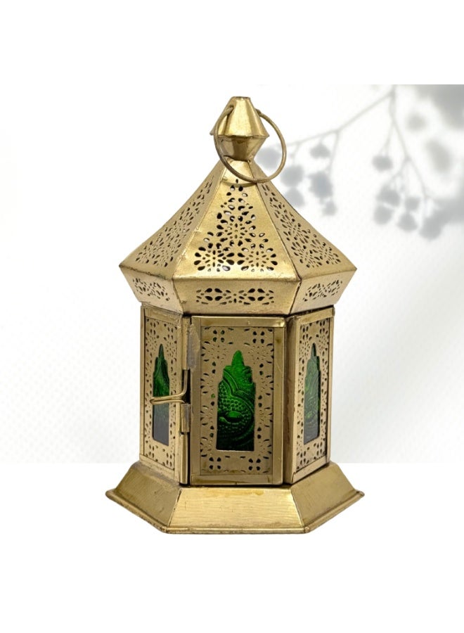 سوق ديزاينز فانوس صغير أخضر من سوق ديزاينز - فوانيس شموع رمضانية وديكور منزلي، تصميم معدني ذهبي مغربي، فانوس لتزيين طاولة رمضان لأي مناسبة، قطعتان - Image 4