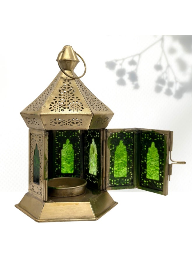 سوق ديزاينز فانوس صغير أخضر من سوق ديزاينز - فوانيس شموع رمضانية وديكور منزلي، تصميم معدني ذهبي مغربي، فانوس لتزيين طاولة رمضان لأي مناسبة، قطعتان - Image 3