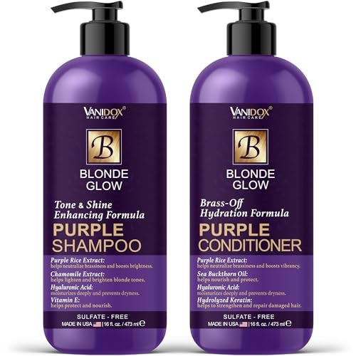 VANIDOX Sulfate Free Brass Toning Purple Shampoo and Conditioner Set for Blondes, Brown Highlighted, or Bleached Hair, Shampoo for Blondes Infused with Purple Rice Extract (16 fl oz each) - Image 1