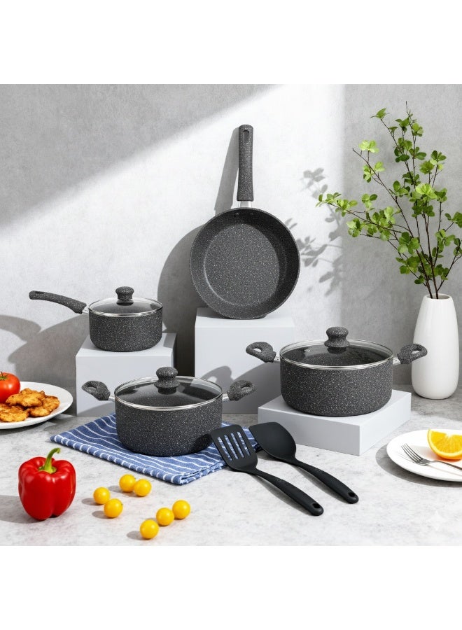 Bisbell 9-Piece Premium Granite Coated Non-Stick Cookware Set | Durable Casserole, Sauce Pan & Frypan Collection with Glass Lids | PFOA-Free Pots & Pans,BB2101 - Image 1