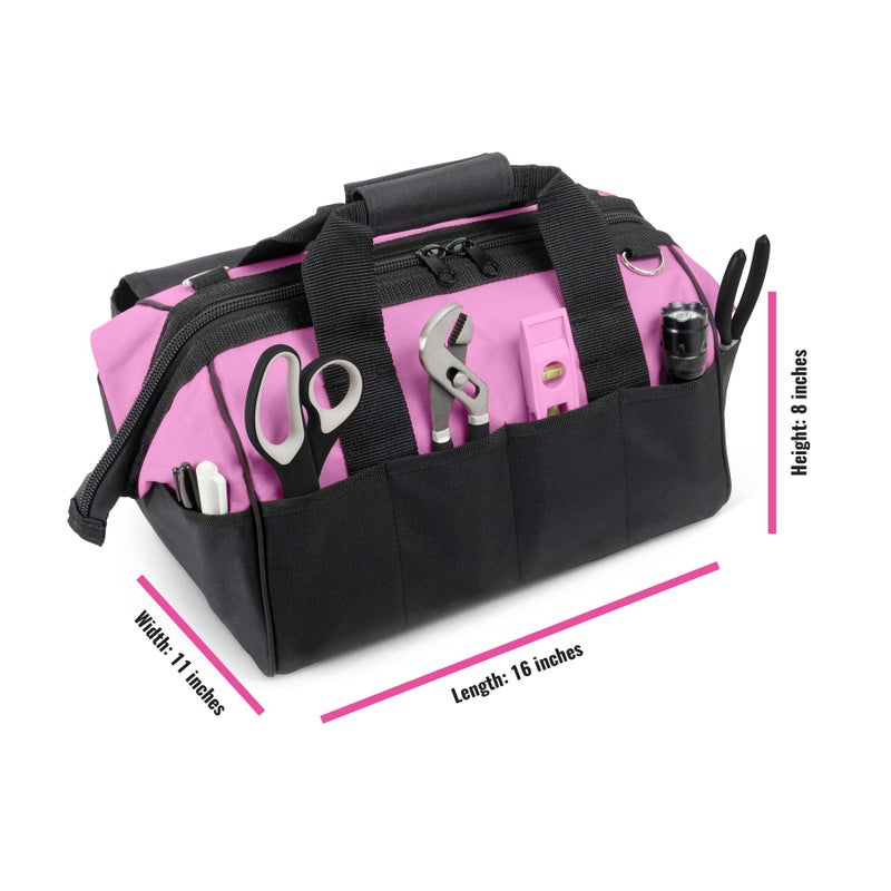 Pink Power Pink Tool Bag for Women -16" Tool Tote Bag w/ 22 Storage Pockets - Womens Small ToolBag Ladies ToolBox for Hand Tools, Power Kits & More - Womens Zipper Toolbag Caddy Organizer - Image 2