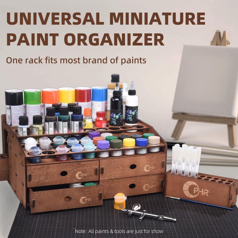 OPHIR Paint Organizer, Wooden Paint Holder with 48 Holes of 2 Sizes Dia.1.42 & 1.69 Inches, 4 Drawers, 2 Marker Holder with 36 Holes for Acrylic Hobby Craft Model Paints Storage Organizer for Artists - Image 2