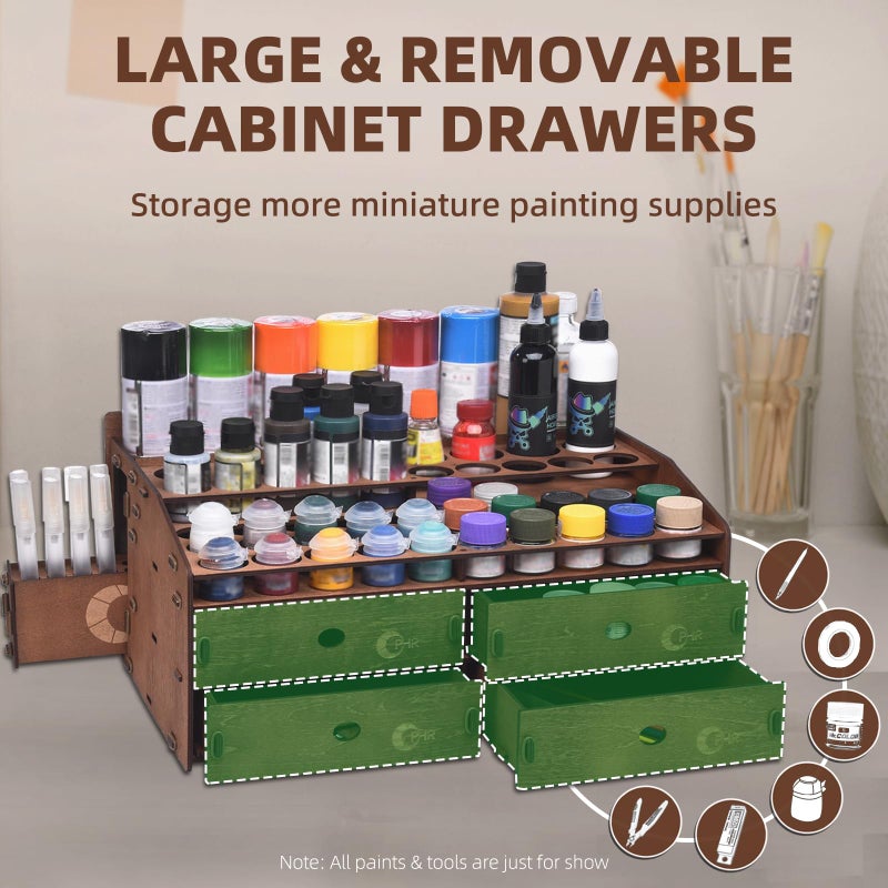 OPHIR Paint Organizer, Wooden Paint Holder with 48 Holes of 2 Sizes Dia.1.42 & 1.69 Inches, 4 Drawers, 2 Marker Holder with 36 Holes for Acrylic Hobby Craft Model Paints Storage Organizer for Artists - Image 5