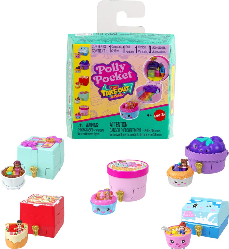 Polly Pocket Micro Dolls & Compacts with Toy Cars, Food Theme Vehicle Collection, Tiny Take Out Reveal Assortment with Surprises - Image 1
