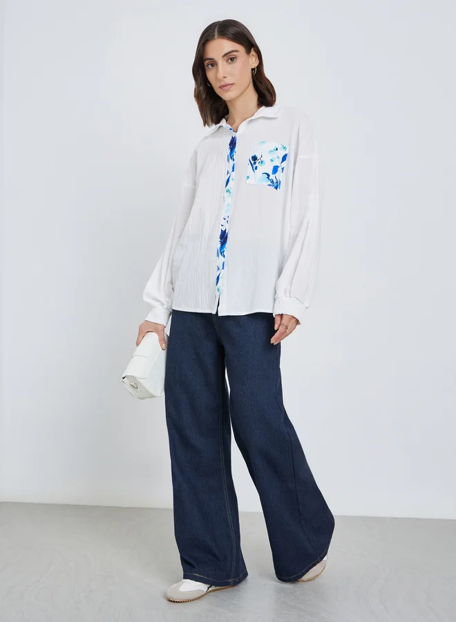 تايك تو Take Two Floral Contrast Print Buttoned Long Sleeve Shirt