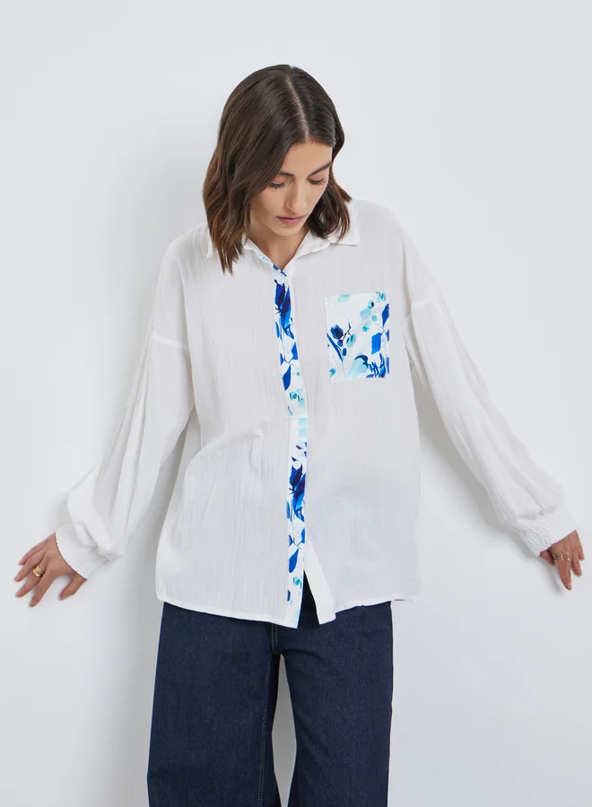 تايك تو Take Two Floral Contrast Print Buttoned Long Sleeve Shirt