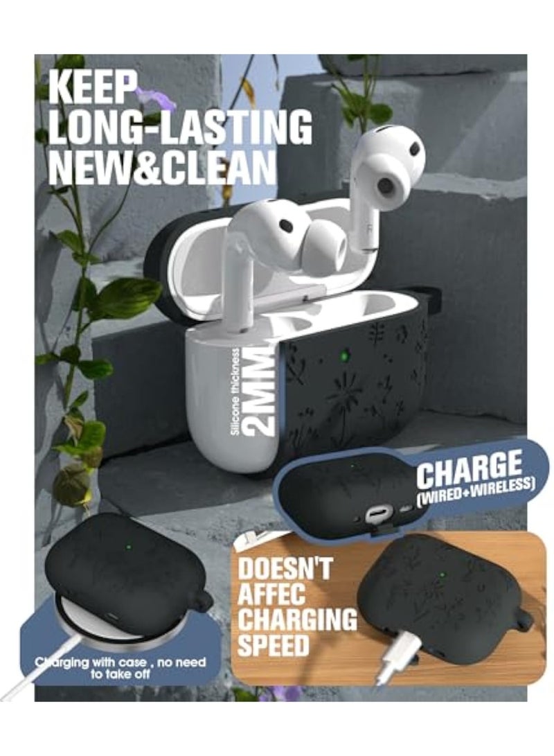 Arabest Compatible with AirPods Pro 3 Case 2025 Cute with Cherry Blossom Keychain and Cleaning Kit, Soft Silicone Shockproof Flower Engraved Compatible with AirPod Pro 3 Case Cover - Dark Gray - Image 3