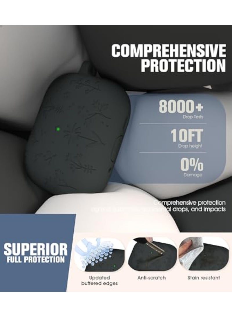 Arabest Compatible with AirPods Pro 3 Case 2025 Cute with Cherry Blossom Keychain and Cleaning Kit, Soft Silicone Shockproof Flower Engraved Compatible with AirPod Pro 3 Case Cover - Dark Gray - Image 2