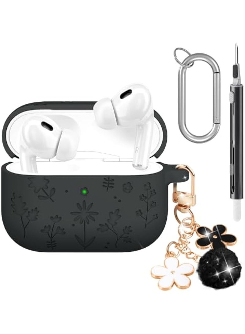 Arabest Compatible with AirPods Pro 3 Case 2025 Cute with Cherry Blossom Keychain and Cleaning Kit, Soft Silicone Shockproof Flower Engraved Compatible with AirPod Pro 3 Case Cover - Dark Gray - Image 1