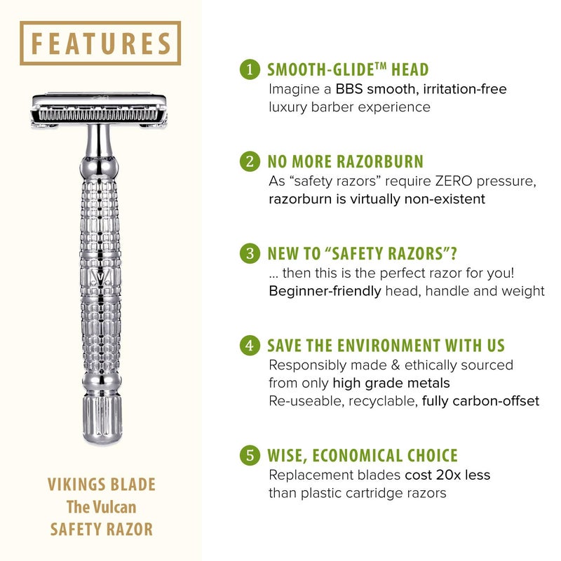 VIKINGS BLADE Double Edge Safety Razor for Men + 5 Swedish Steel Blades + Luxury Case. Long Handle. Smooth, Reusable, Eco-Friendly (The Vulcan) - Image 2