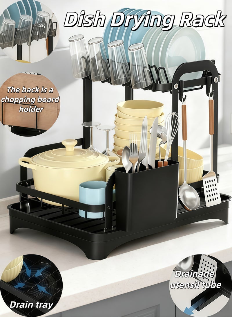 XiuWoo Dish Drying Rack, Large Capacity Draining Board Rack with Cup Holder and Tray and Draining Pipe, Kitchen Use, Iron drying rack，Dish Racks for Kitchen Counter Dish Rack with Cutlery Holder Compact ，with Drainboard and Utensil Holder Extra Drying Mat（2-Tier） - Image 1