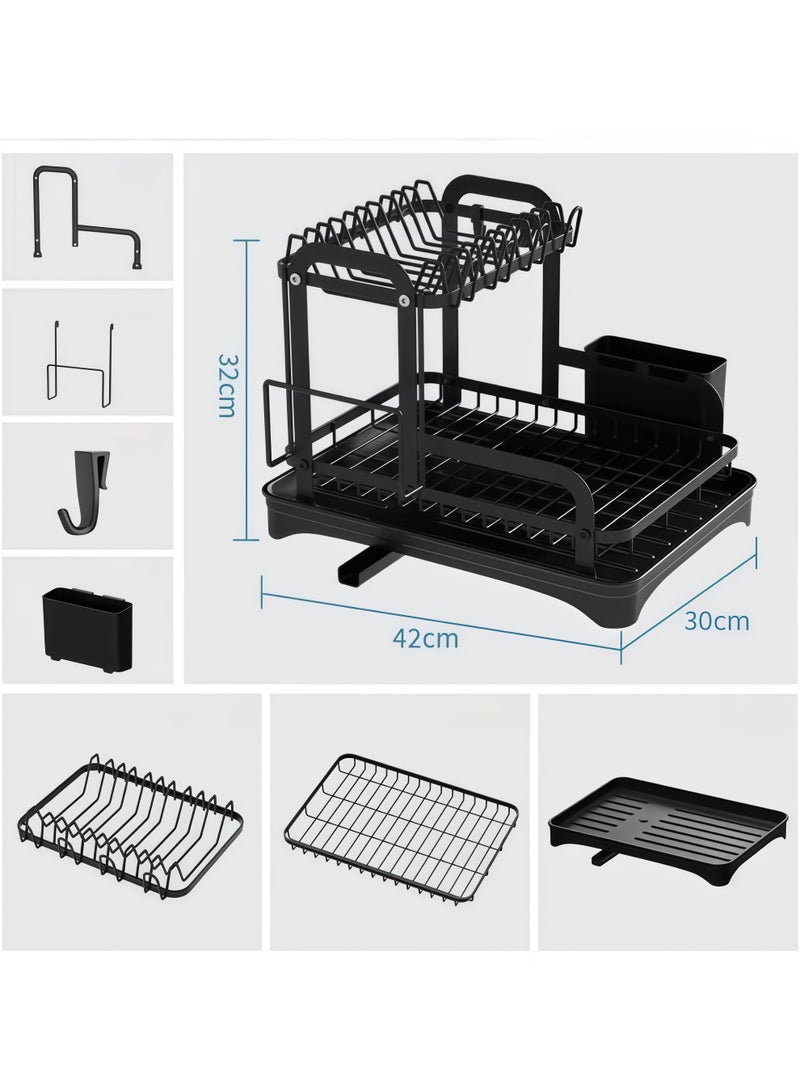 XiuWoo Dish Drying Rack, Large Capacity Draining Board Rack with Cup Holder and Tray and Draining Pipe, Kitchen Use, Iron drying rack，Dish Racks for Kitchen Counter Dish Rack with Cutlery Holder Compact ，with Drainboard and Utensil Holder Extra Drying Mat（2-Tier） - Image 2