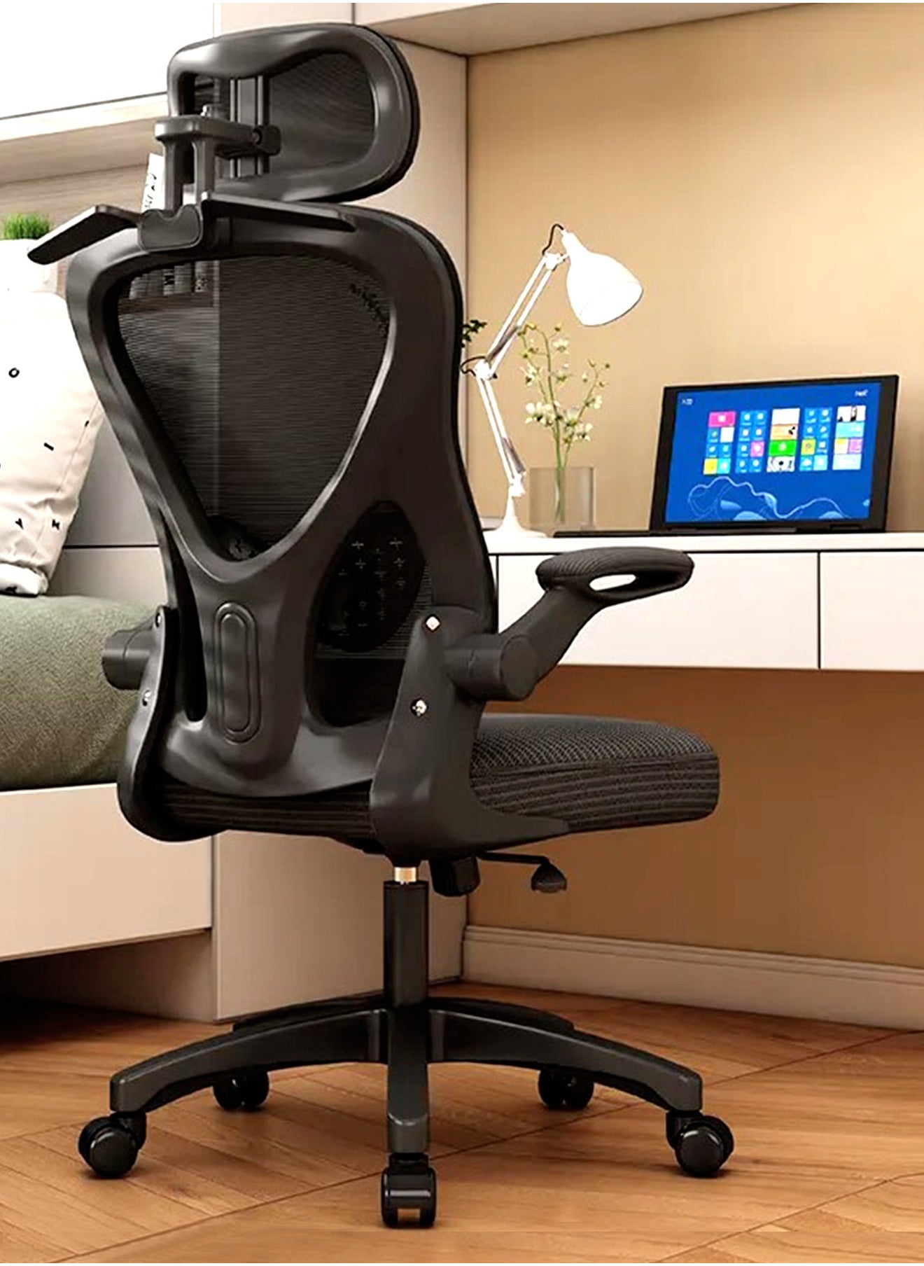 DROGO Premium Ergonomic Office Chair for Work from Home, High Back Computer Chair with Mesh, Flip-up Armrest, Headrest, Recline, Adjustable Seat & Lumbar Support | Mesh Chair for Office Black 