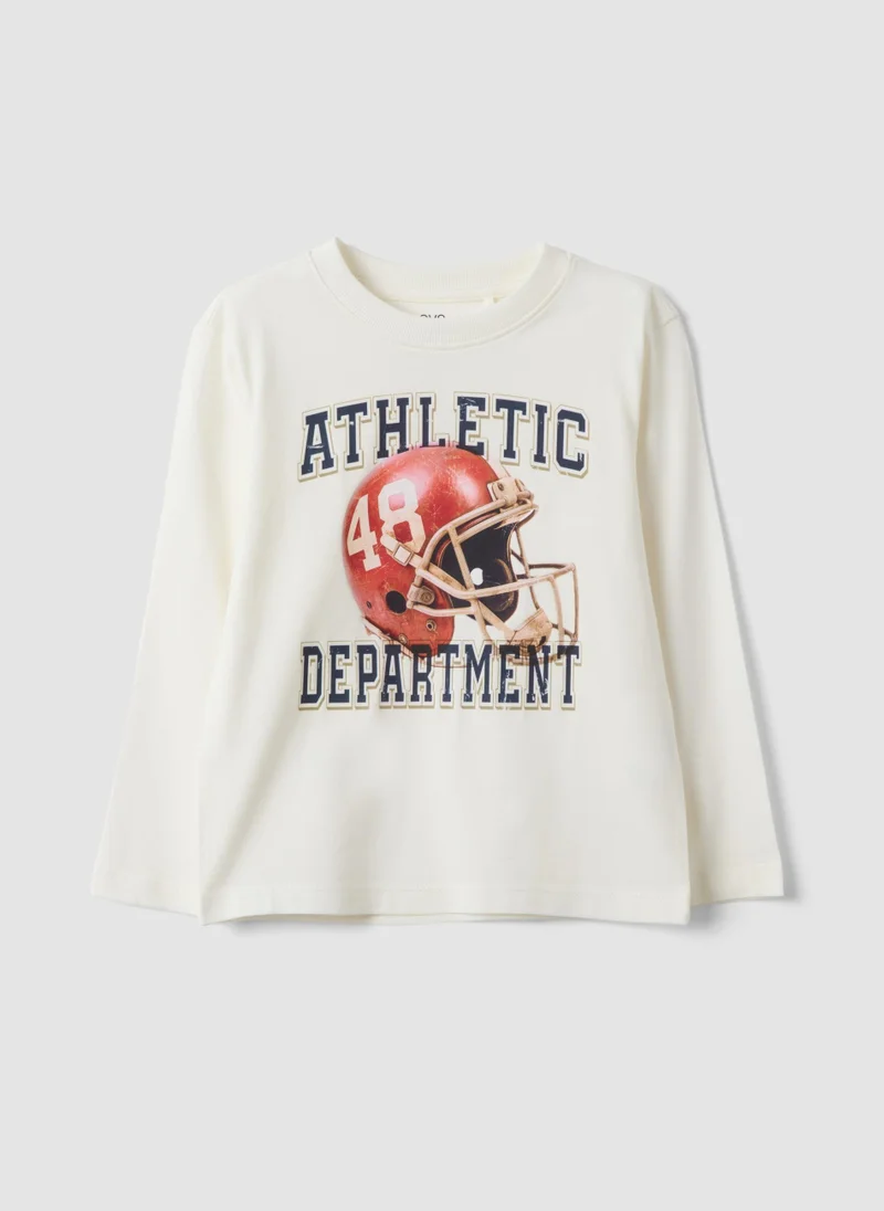 Ovs OVS White Cotton And Viscose Blend T-Shirt With Collegiate Print For Boys