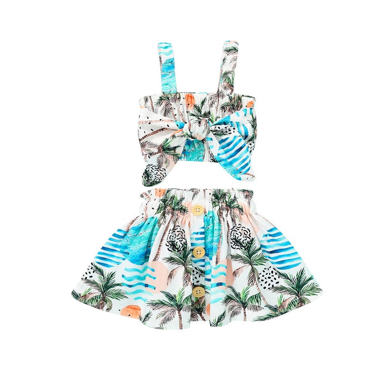 Tiny Cutey Toddler Baby Girl Clothes Ruffle Crop Top +Boho Floral Skirt Summer Dress Outfit Two Piece Set (Full Coconut Tree, 12-18 Months) - Image 1