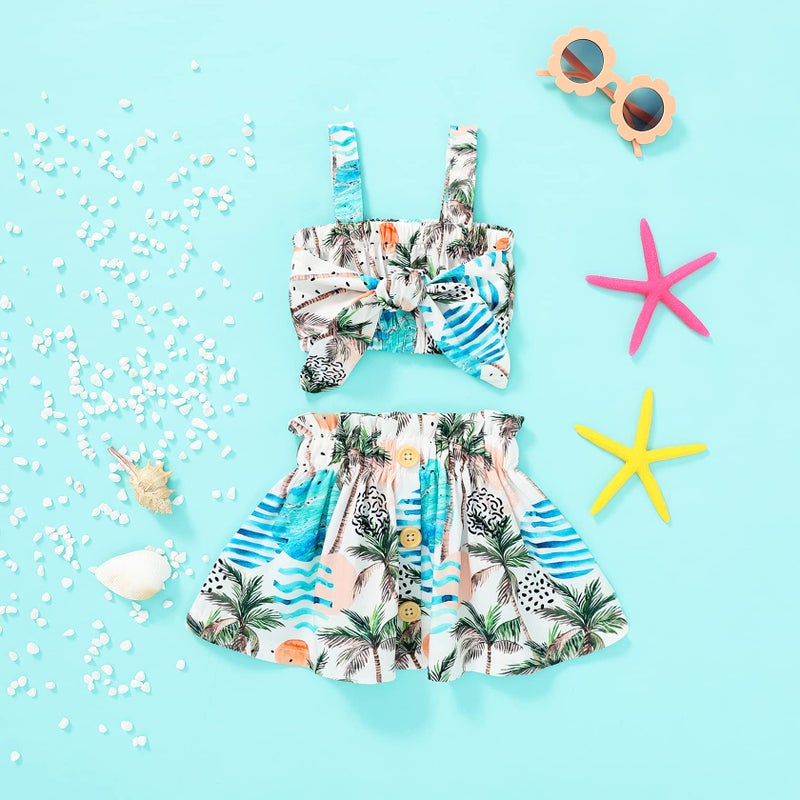 Tiny Cutey Toddler Baby Girl Clothes Ruffle Crop Top +Boho Floral Skirt Summer Dress Outfit Two Piece Set (Full Coconut Tree, 12-18 Months) - Image 2