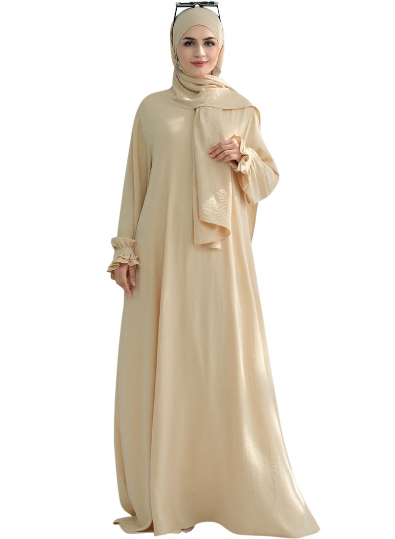 Women Muslim Dress Middle East Arabian Robe Islamic Modest Dress with Hijab Scarf Lace Sleeve Flowy Abaya Dress