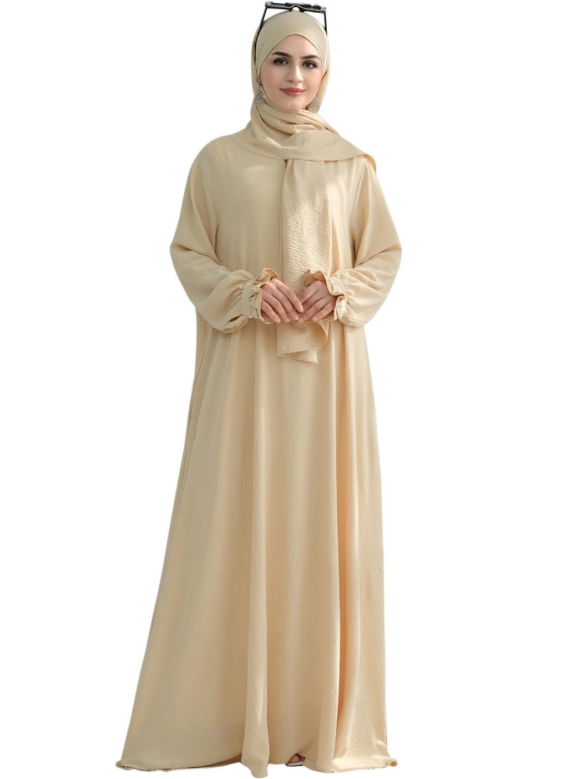 Women Muslim Dress Middle East Arabian Robe Islamic Modest Dress with Hijab Scarf Lace Sleeve Flowy Abaya Dress