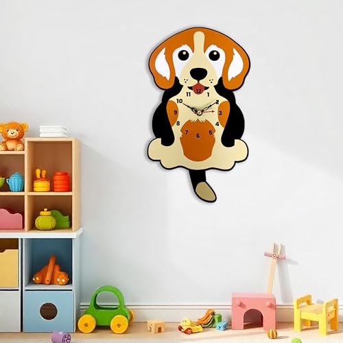 SOLOBOLO Silent Quartz Decorative Cartoon Analog Wall Clock for Kids, Non-Ticking, Round, Battery Operated for Kids Room/Home/Kitchen/Bedroom/School (Dog), Engineered Wood, 6.7x11.3 inch, multicolor - Image 2