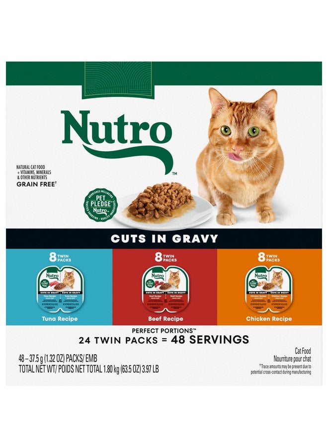 نوترو طعام القطط الرطب Nutro Cuts in Gravy MultiPack: وصفات لحم البقر والتونة والدجاج؛ (24) صينية سعة 2.64 أونصة - Image 1