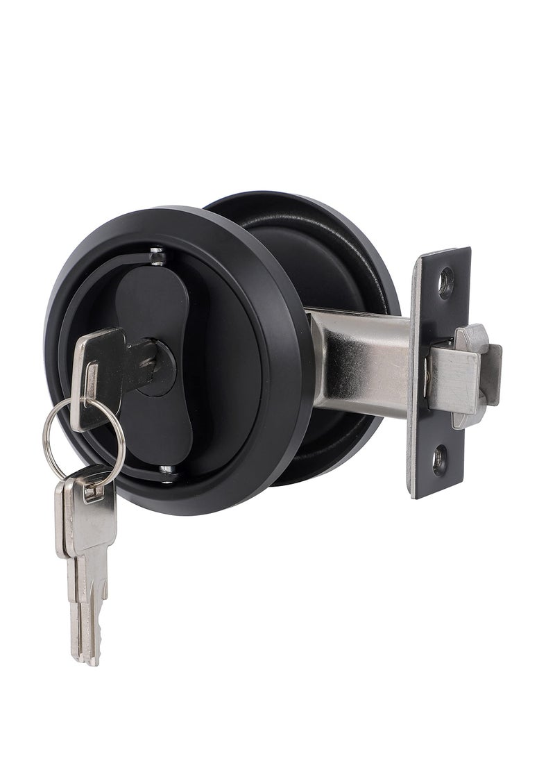 SYOSI Pocket Door Lock with Key Contemporary Entry Square Sliding Barn Door Lock Latch Recessed 2 Sided 2 3/8" Backset Invisible Hardware (Matte Black + Edge Pull)  - Image 1