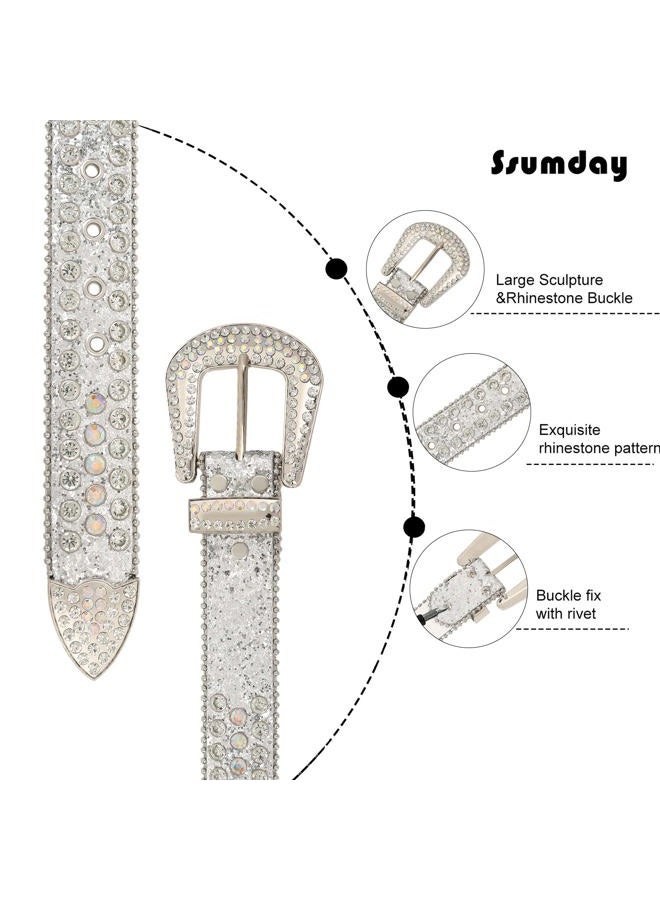 Ssumday Western Rhinestone Bling Studded Cowboy Cowgirl White Belts for Women Girl Men Female Ladies Jeans Pants Dresses Dress with Vintage Silver Buckle(MZSCS-S) - Image 2