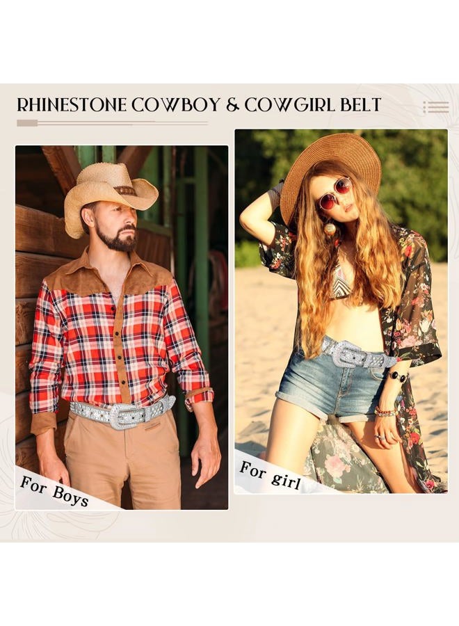 Ssumday Western Rhinestone Bling Studded Cowboy Cowgirl White Belts for Women Girl Men Female Ladies Jeans Pants Dresses Dress with Vintage Silver Buckle(MZSCS-S) - Image 4