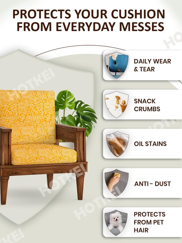 HOTKEI Yellow Abstract (Pack of 10) 200 GSM Fabric Wooden Sofa Seat Cover Elastic Stretchable Cushion Seat Slip Cover Protector for Wooden Sofa Set 5 Seater Antislip Full Covers for Living Room - Image 3