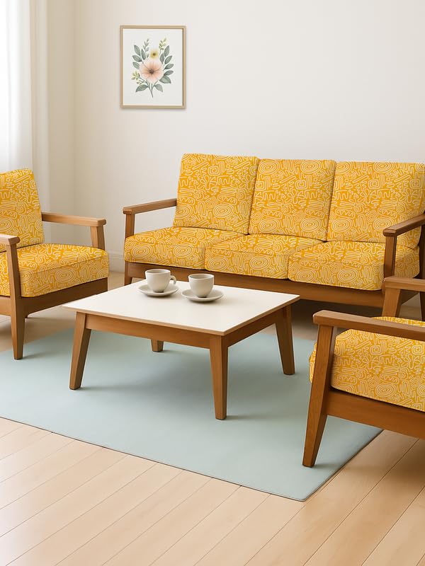 HOTKEI Yellow Abstract (Pack of 10) 200 GSM Fabric Wooden Sofa Seat Cover Elastic Stretchable Cushion Seat Slip Cover Protector for Wooden Sofa Set 5 Seater Antislip Full Covers for Living Room - Image 1