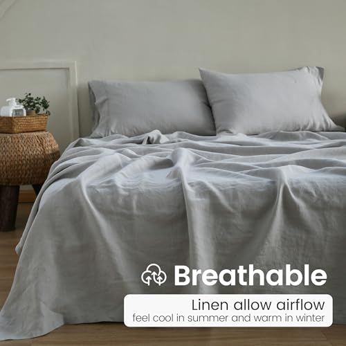 King Linens 100% French Linen Pillowcases with Embroidery - Pack of 2 - Washed Solid Color Natural Flax Soft Breathable - Grey, 20'' x 30'' - Image 3