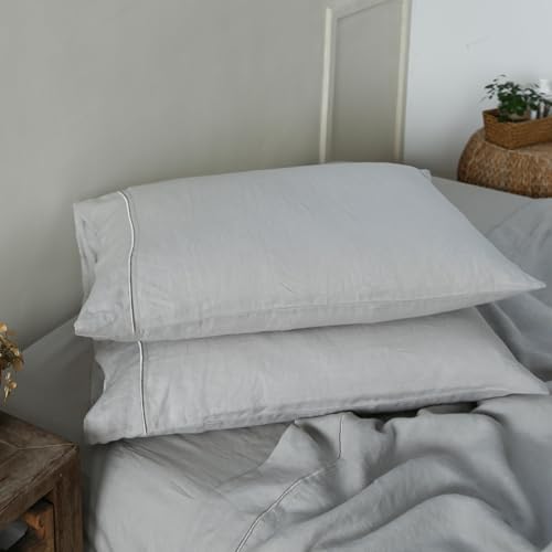 King Linens 100% French Linen Pillowcases with Embroidery - Pack of 2 - Washed Solid Color Natural Flax Soft Breathable - Grey, 20'' x 30'' - Image 1