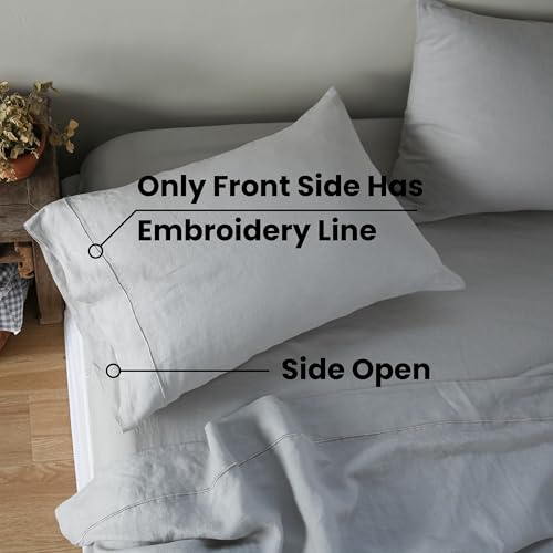 King Linens 100% French Linen Pillowcases with Embroidery - Pack of 2 - Washed Solid Color Natural Flax Soft Breathable - Grey, 20'' x 30'' - Image 5