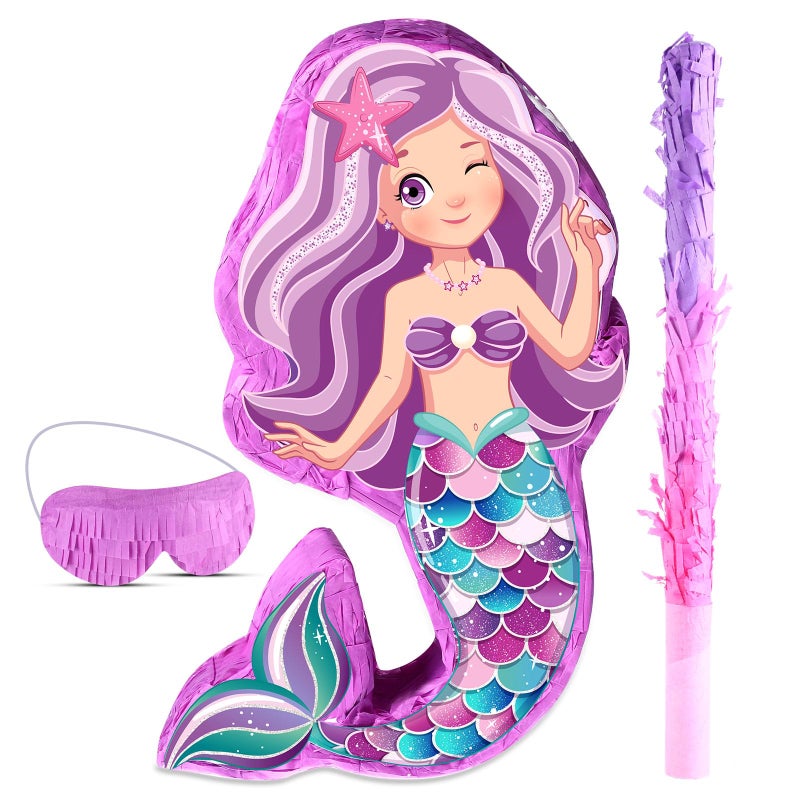 Suilung Mermaid Piata Bundle 189 Inch Birthday Party Supplies with Blindfold Bat and Filler for Under the Sea Theme Birthday Party Carnival Activity Decorations - Image 2