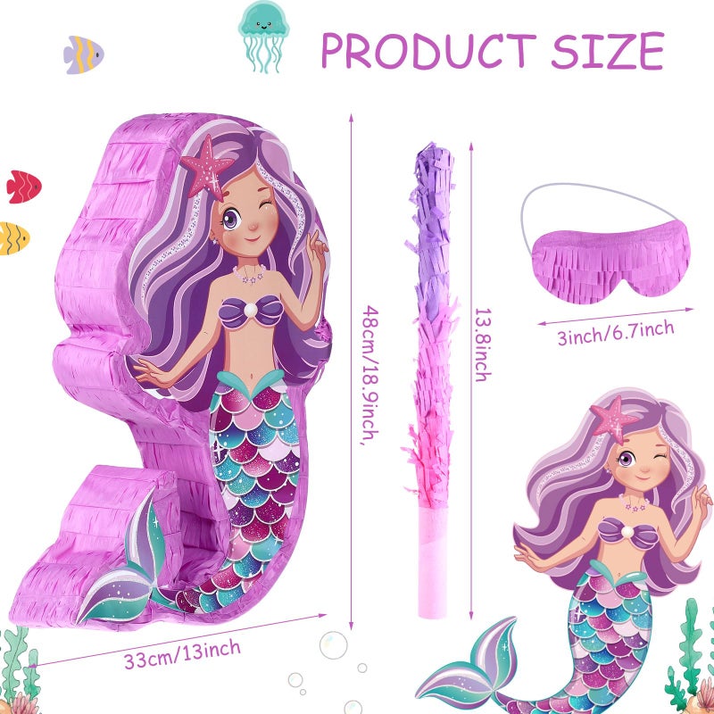 Suilung Mermaid Piata Bundle 189 Inch Birthday Party Supplies with Blindfold Bat and Filler for Under the Sea Theme Birthday Party Carnival Activity Decorations - Image 3