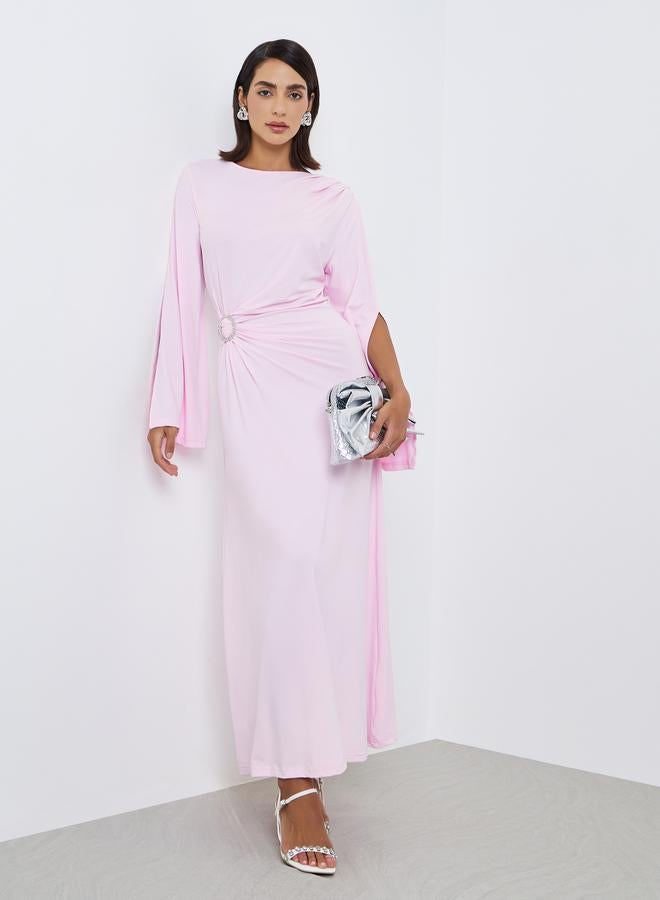 ستايلي فستان سهرة ميدي بخصر بأزرار لؤلؤ صلب - Image 1