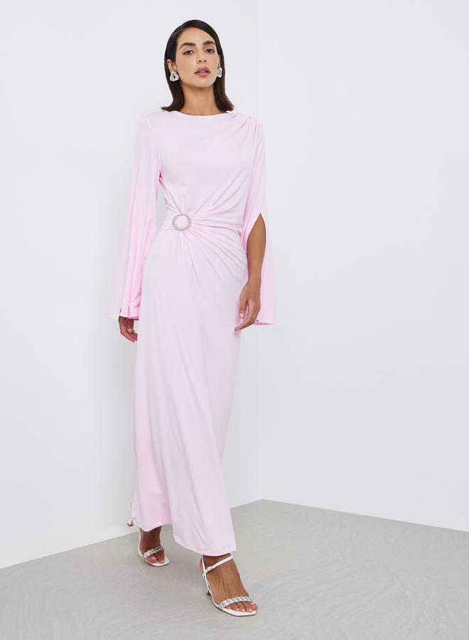 ستايلي فستان سهرة ميدي بخصر بأزرار لؤلؤ صلب - Image 3