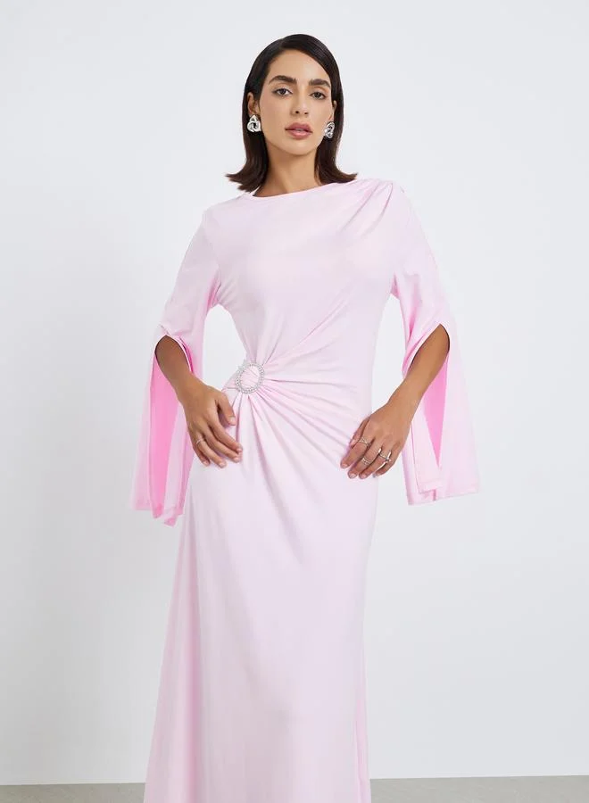 ستايلي Solid Pearl Button Waist Party Midi Dress