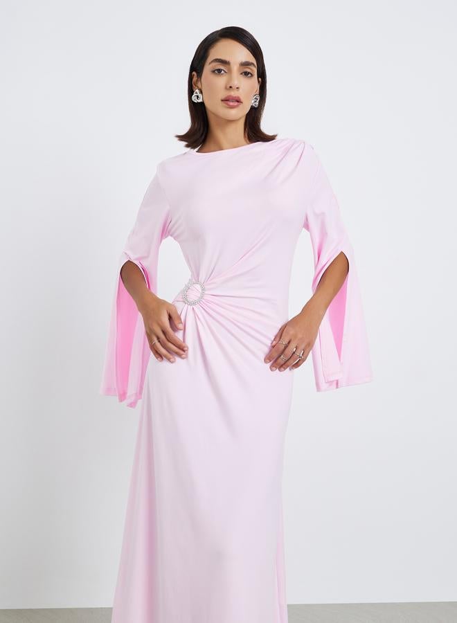 ستايلي فستان سهرة ميدي بخصر بأزرار لؤلؤ صلب - Image 2