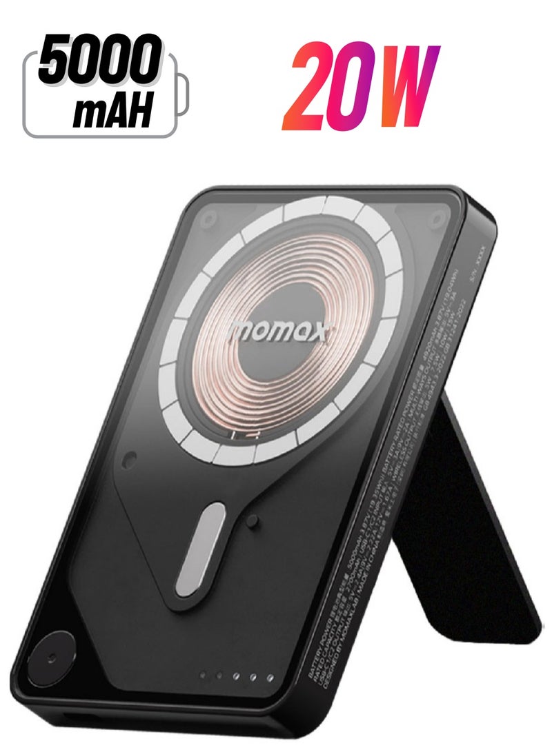 Momax مومكس 1-باور إكس برو 5000 مللي أمبير بنك طاقة لاسلكي مغناطيسي مع حامل وكابل USB-C مدمج - أسود - Image 1
