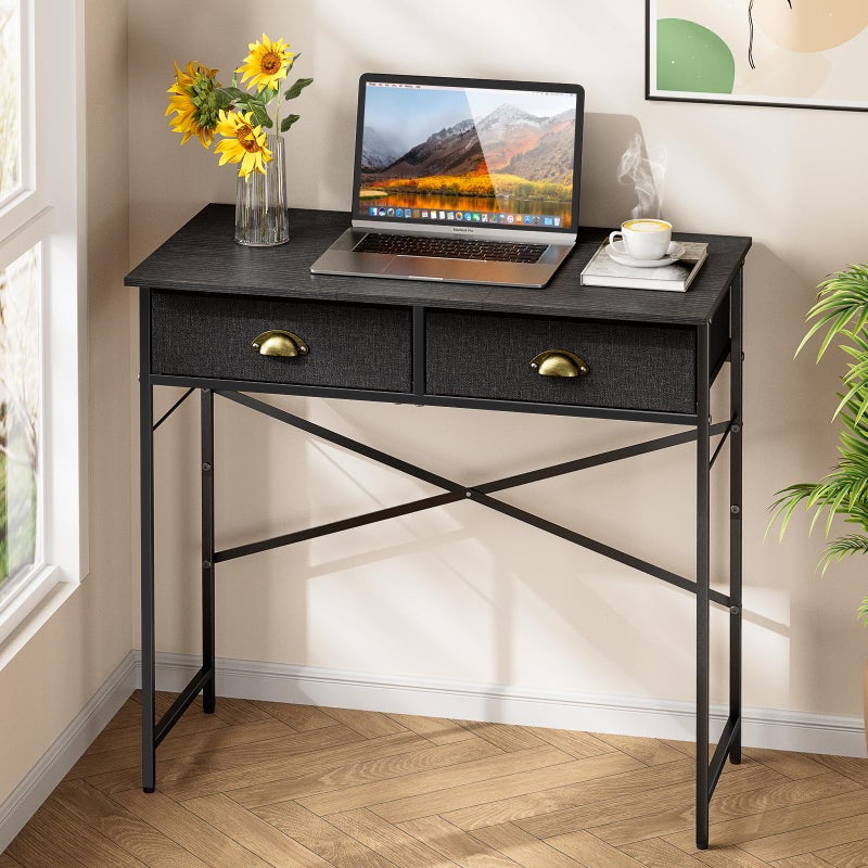 DAOUTIME Black Writing Desk for Kids Bedroom, 31.5 Inch Small Computer Desk for Small Spaces, Simple Desk with 2 Fabric Drawers for Home Office, Dorm, Living Room, Home Study Table, Black - Image 1