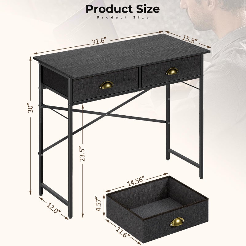 DAOUTIME Black Writing Desk for Kids Bedroom, 31.5 Inch Small Computer Desk for Small Spaces, Simple Desk with 2 Fabric Drawers for Home Office, Dorm, Living Room, Home Study Table, Black - Image 2