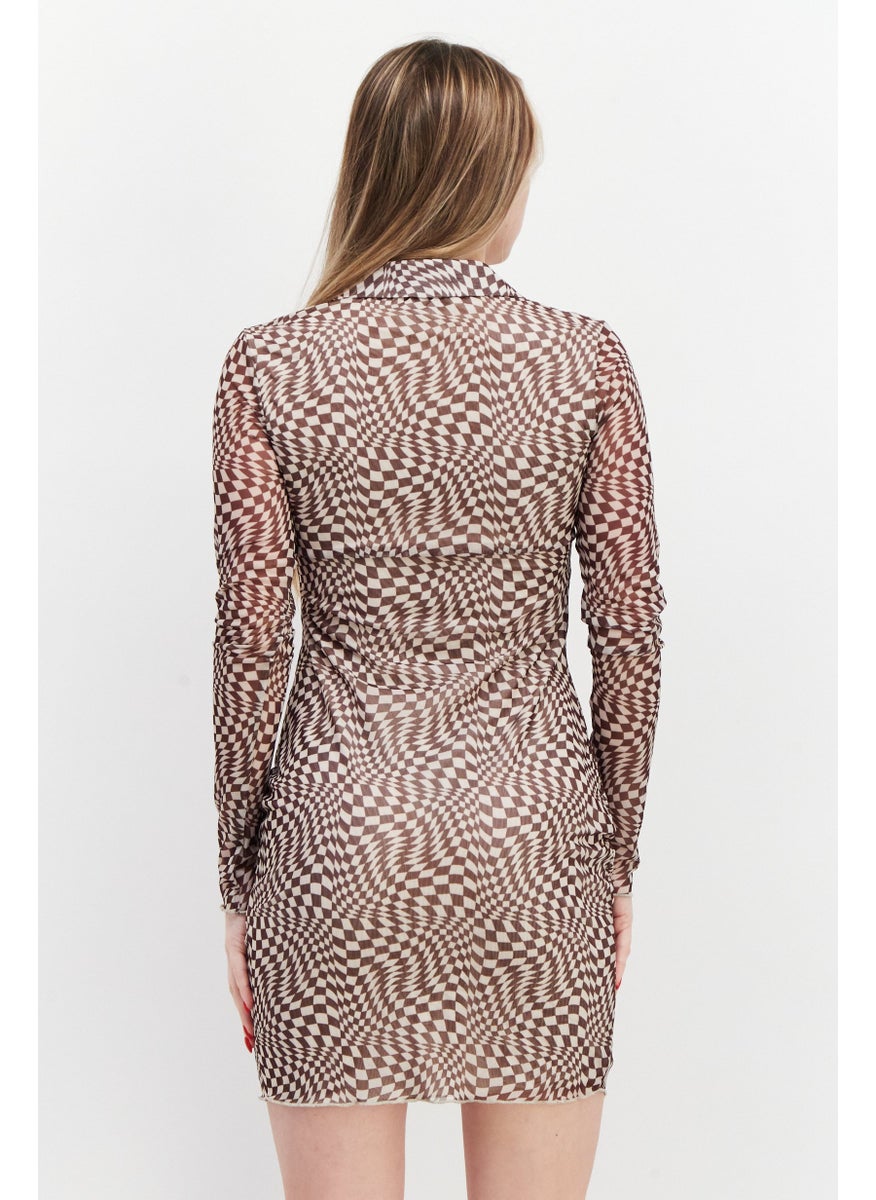 Bershka Women Micro Checkered Mini Dress, Dark Brown  - Image 2