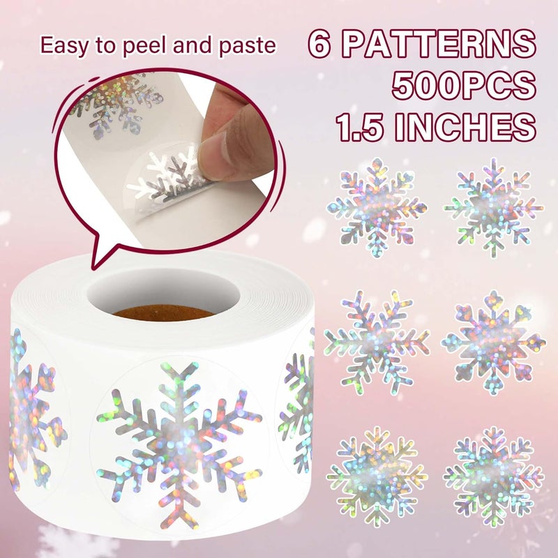 Bueake 500 Pcs 1.5 inches Winter Snowflake Stickers Self-Adhesive 6 Designs for Xmas Winter Envelope Journal Decor - Image 2